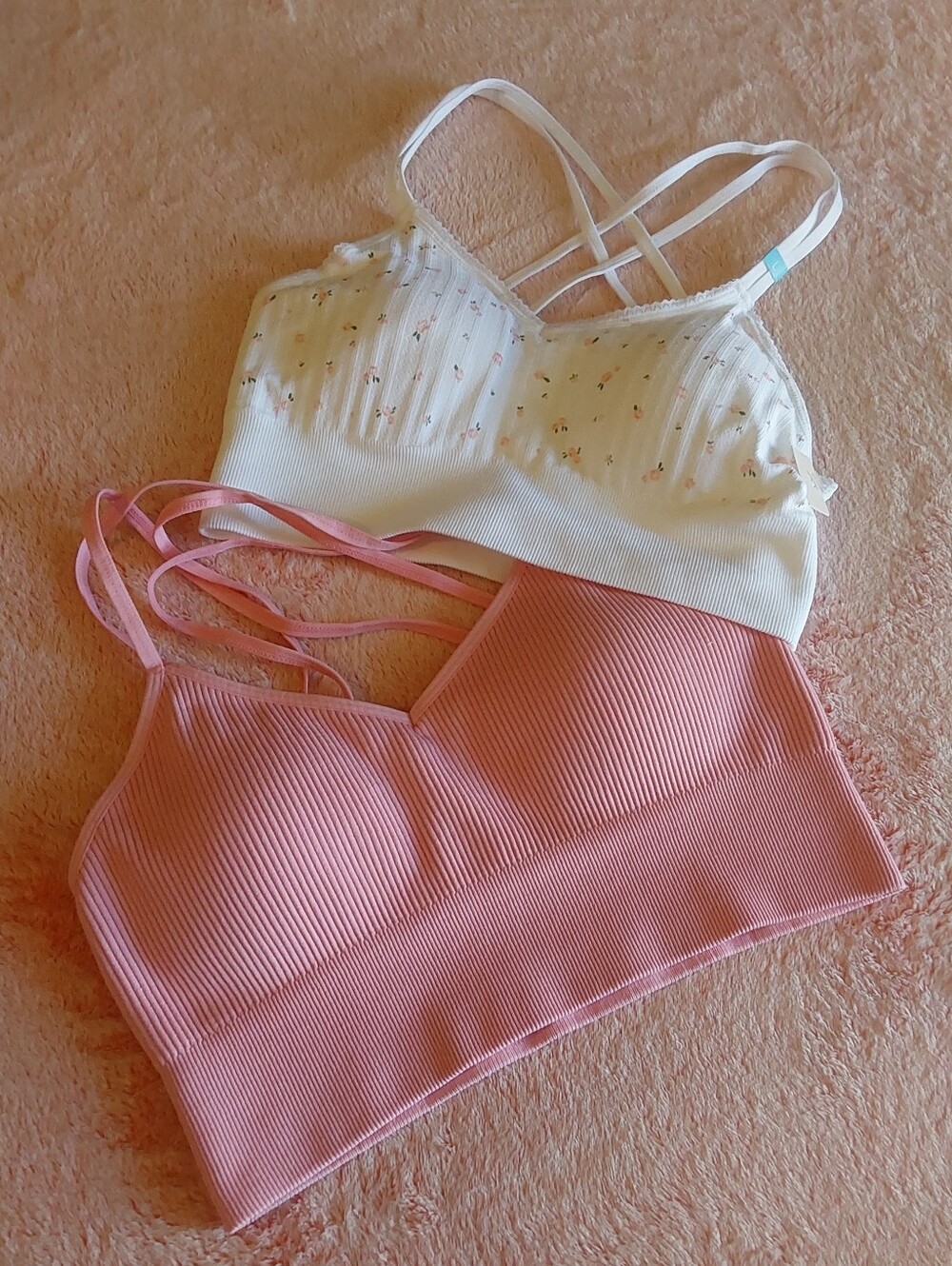 🌺 NWT *2* SO Pink & White Ribbed Double-Strap Bralettes